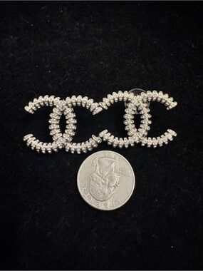 Chanel Double C Crystal Silver Clear Earrings